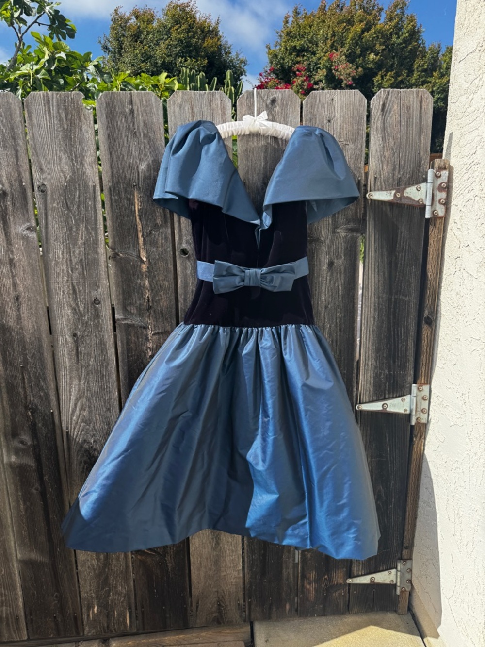 Vintage Navy Blue Satin Velvet Midi Dress Formal Prom Evening
